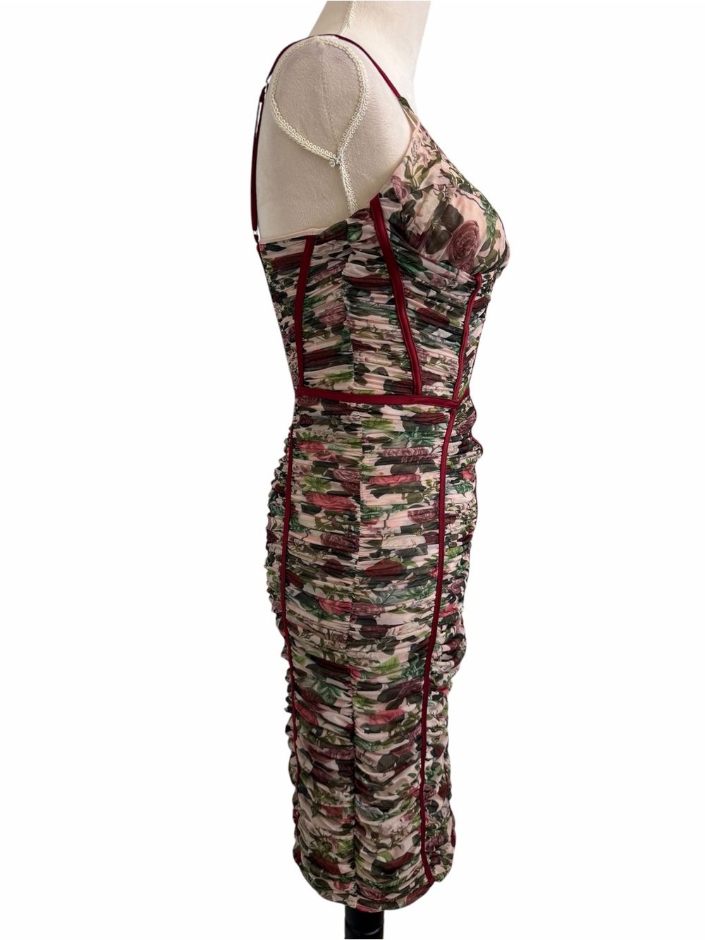 House of CB Vintage floral Ruched Corset Bodycon Dress with Burgundy Piping - Picture 6 of 9